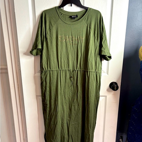 NWOT DKNY Olive Casual Dress, XL, drawstring waist, comfortable, Embellished - Picture 6 of 8